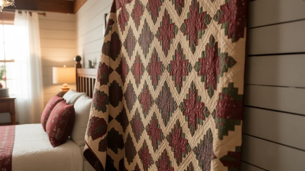 Vintage quilt or plaid throw hung on wall as farmhouse-inspired Christmas bedroom decoration
