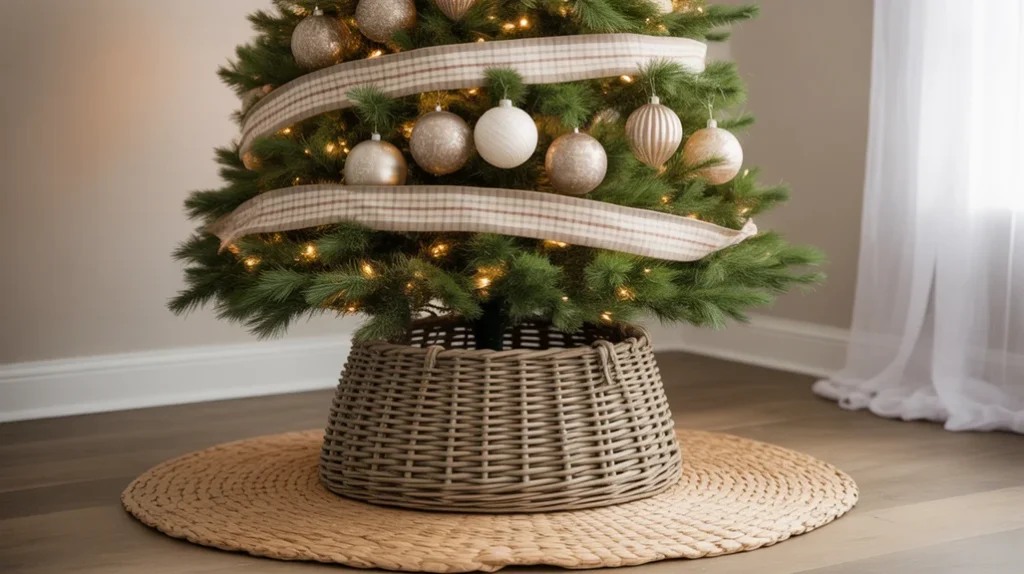 Woven rattan tree skirt paired with neutral farmhouse Christmas decorations for rustic warmth.