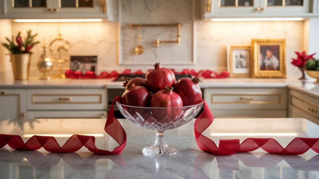 subtle red accents like ribbons and pomegranates bringing refined warmth to an elegant christmas kitchen