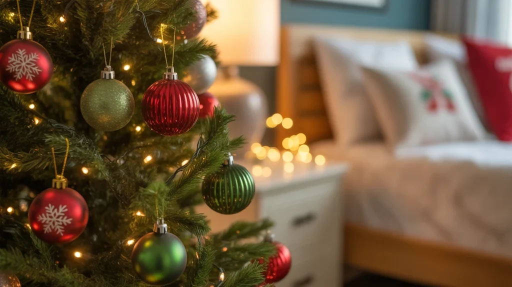 Red and green Christmas ornaments decorating a bedroom tree