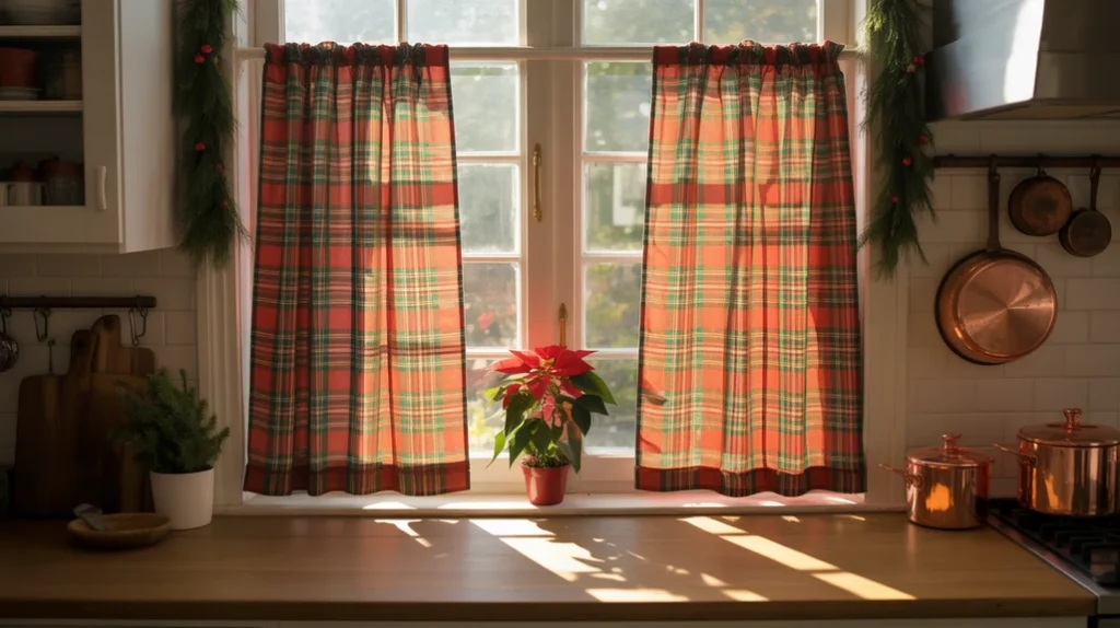 Kitchen window with plaid red and green curtains bringing classic Christmas charm and cozy color.