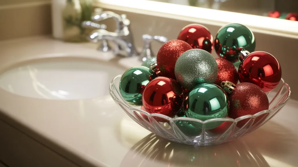 bowl of red and green ornaments displayed as festive bathroom decor