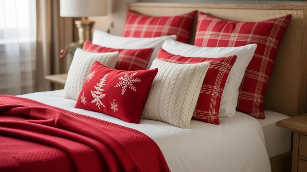 Red and white Christmas bedding and pillows creating bright and cheerful traditional bedroom design