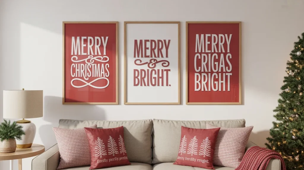 Wall art with red and white Christmas prints and seasonal typography enhancing holiday decor.