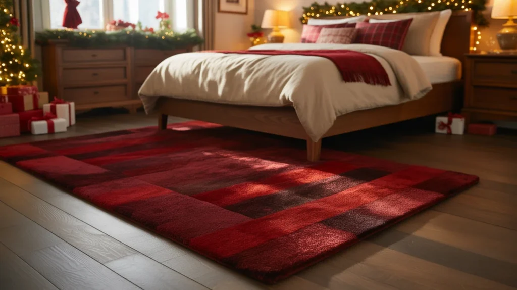 cozy red area rug under bed in warm christmas bedroom adding comfort and holiday texture