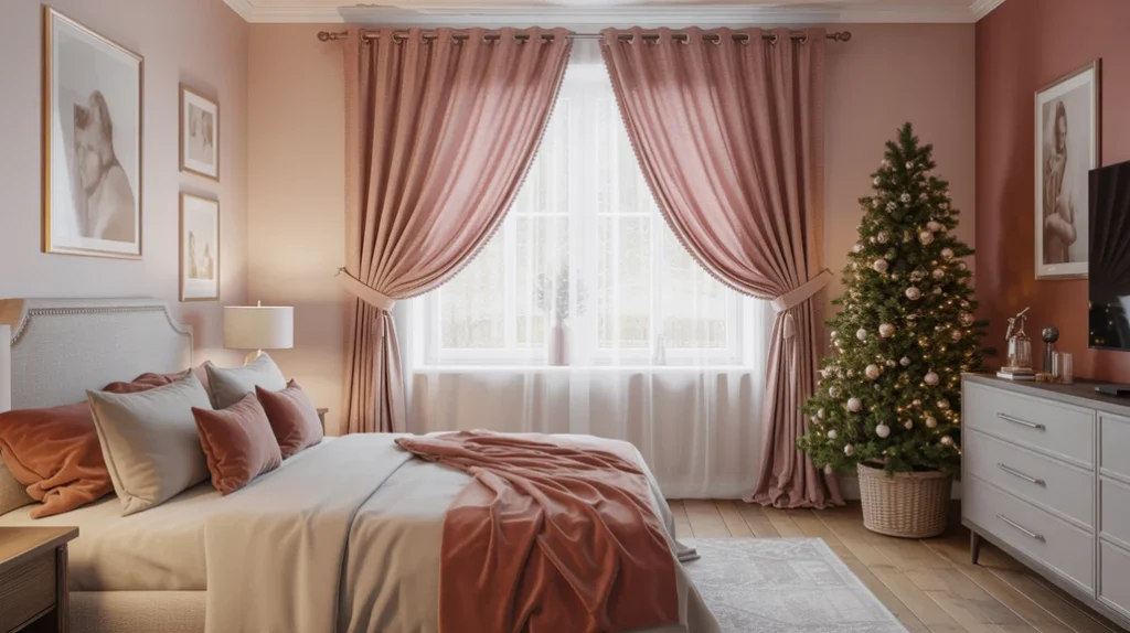 shimmering rose gold curtains reflecting soft light for a glamorous and luxurious Christmas bedroom theme