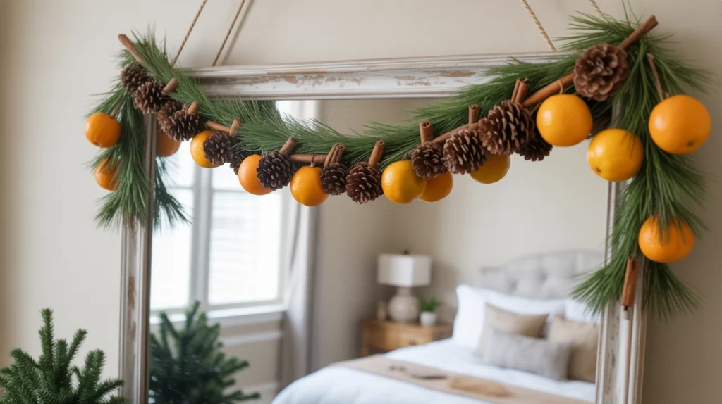 Rustic Christmas garland made of pinecones, oranges, and cinnamon sticks hanging across bedroom wall.