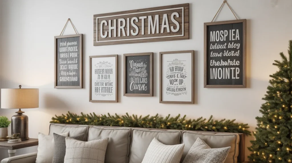 Rustic farmhouse wall art and wooden Christmas signs arranged above a cozy country-style sofa.