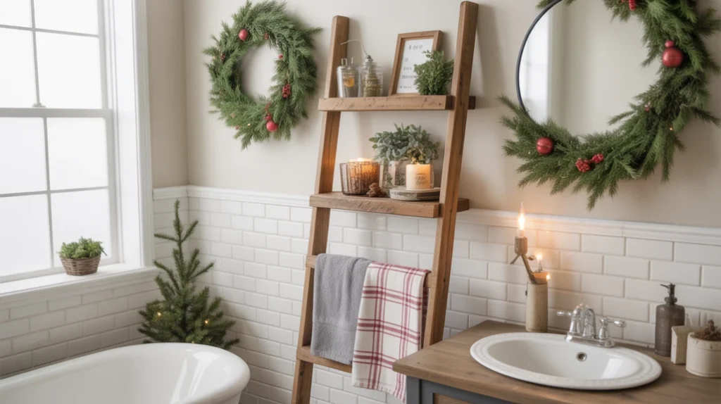 rustic ladder shelf decorated with plaid towels and greenery for farmhouse christmas design