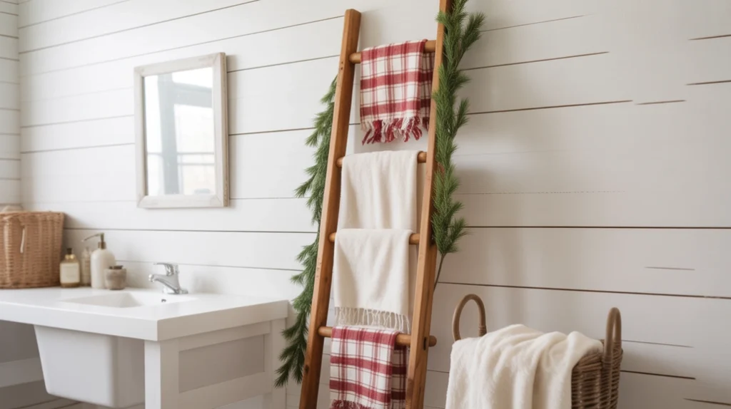 rustic ladder shelf decorated with plaid towels and greenery for farmhouse holiday design