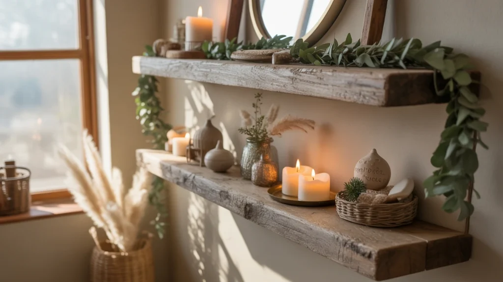 rustic wooden shelves decorated with greenery and candles for boho christmas bathroom styling