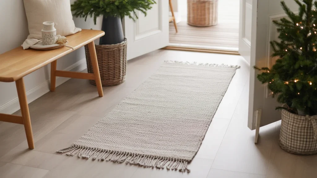 “Neutral Scandinavian runner rug adding warmth to a minimalist Christmas entryway”
