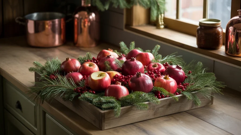 wooden tray filled with apples, pomegranates, cranberries, and pine greenery for natural holiday decor