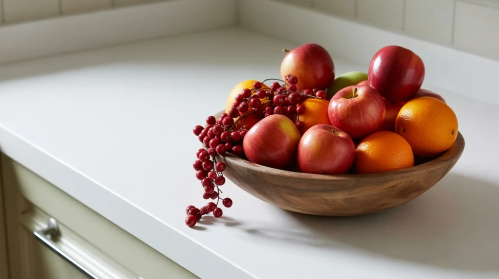 Bowl of oranges, apples, and cranberries on kitchen counter adding natural color and freshness to Christmas kitchen decor