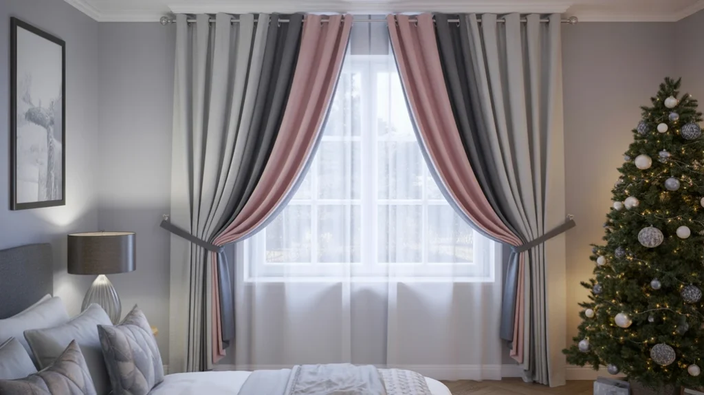 silver and gray curtains reflecting natural light in modern metallic Christmas bedroom decor