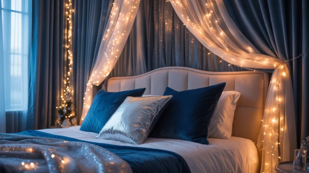 Silver fairy lights hanging along the headboard, casting a soft glow in a blue and silver holiday bedroom.