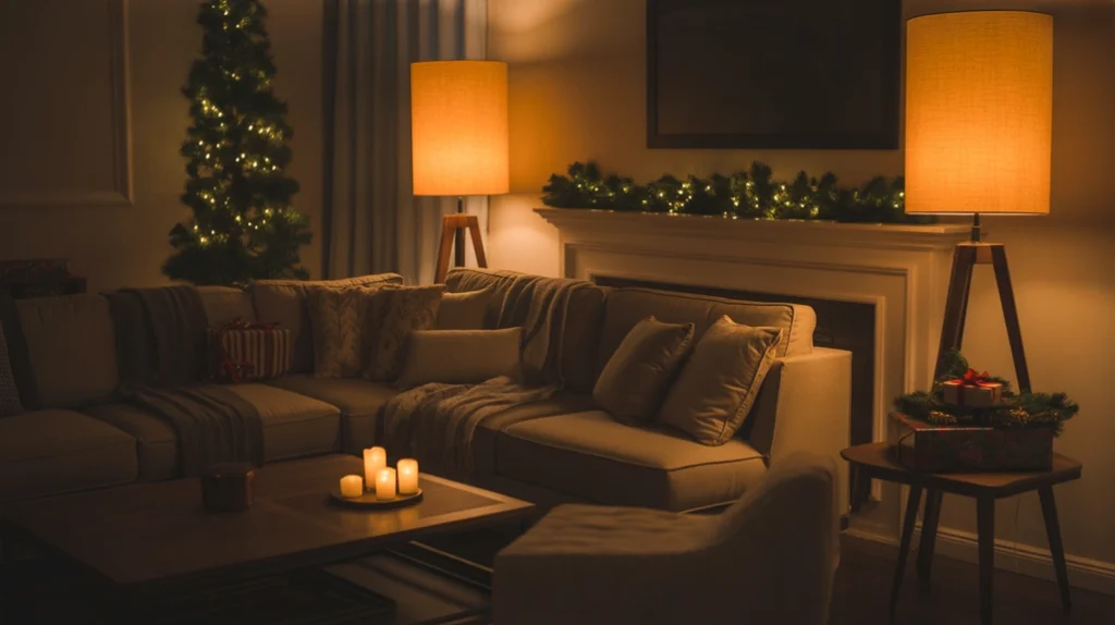 Soft-glow lamps enhancing Christmas living room lighting with warm tones and cozy ambience