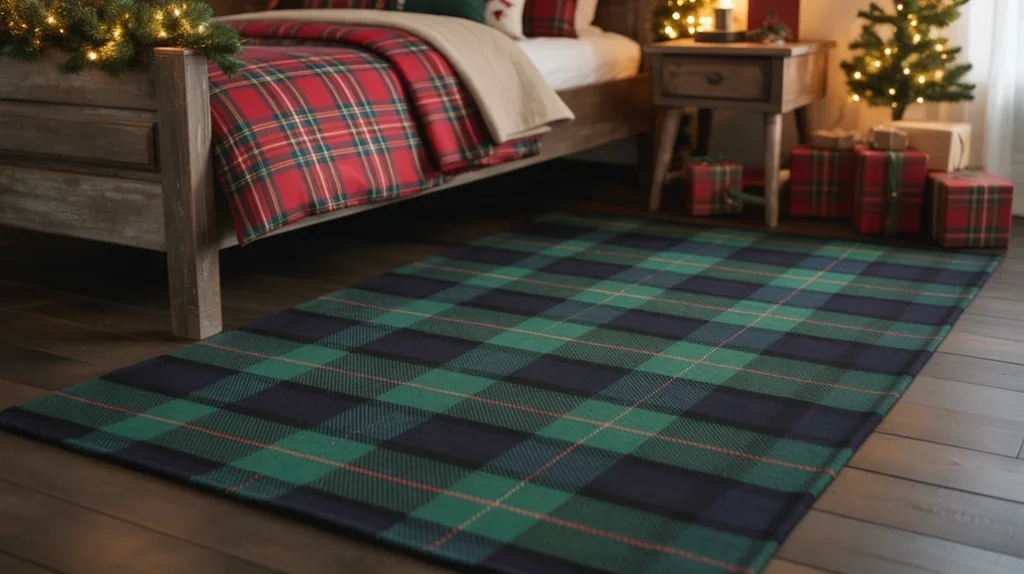 Patterned rug in plaid or geometric design adding warmth and texture to a boys Christmas bedroom setup