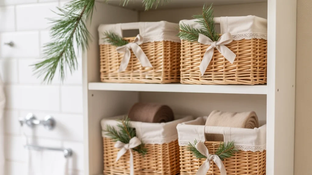 woven bathroom storage baskets decorated with holiday ribbon and greenery
