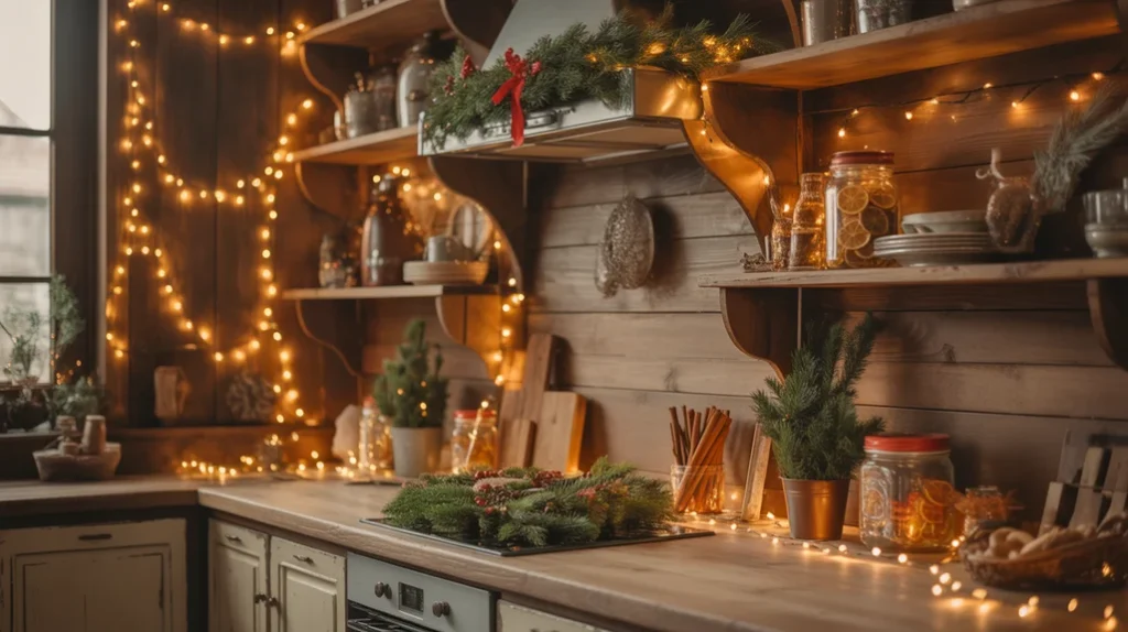 cozy christmas kitchen with string lights, pine garlands, and soft glowing warm ambiance