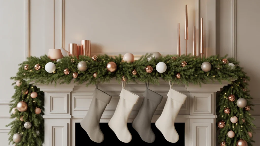 Christmas fireplace decorated with family photos and personal touches