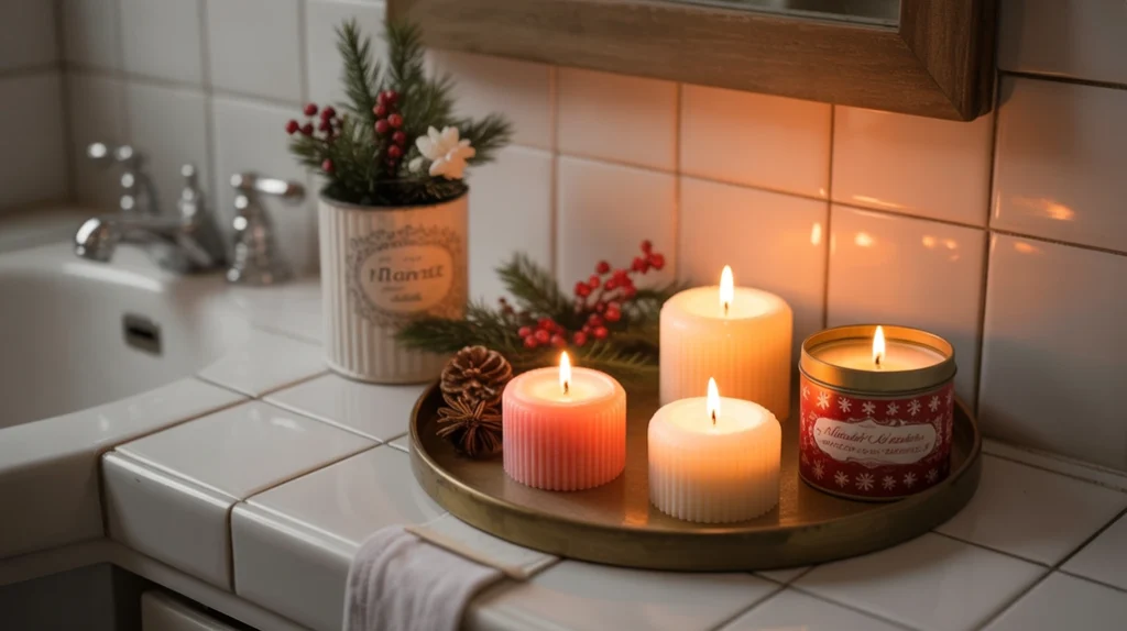old-fashioned christmas candles in vintage holiday tins glowing softly in bathroom