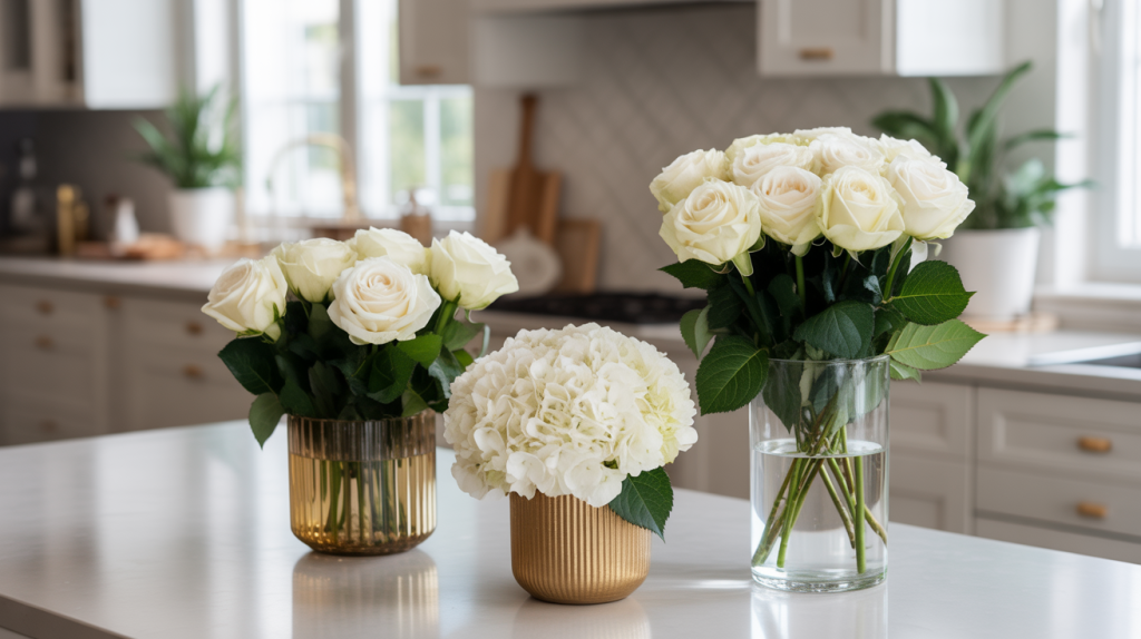 Sheer white kitchen curtains with gold trim and natural light creating a soft festive glow for the holidays.