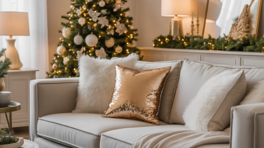 White and gold throw pillows on a cozy sofa bringing luxury and comfort to holiday living room décor