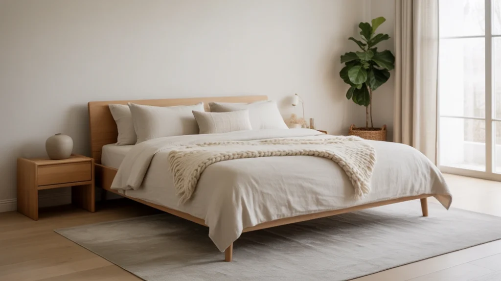 Scandinavian bedroom featuring white bedding, natural wood furniture, and soft holiday lighting