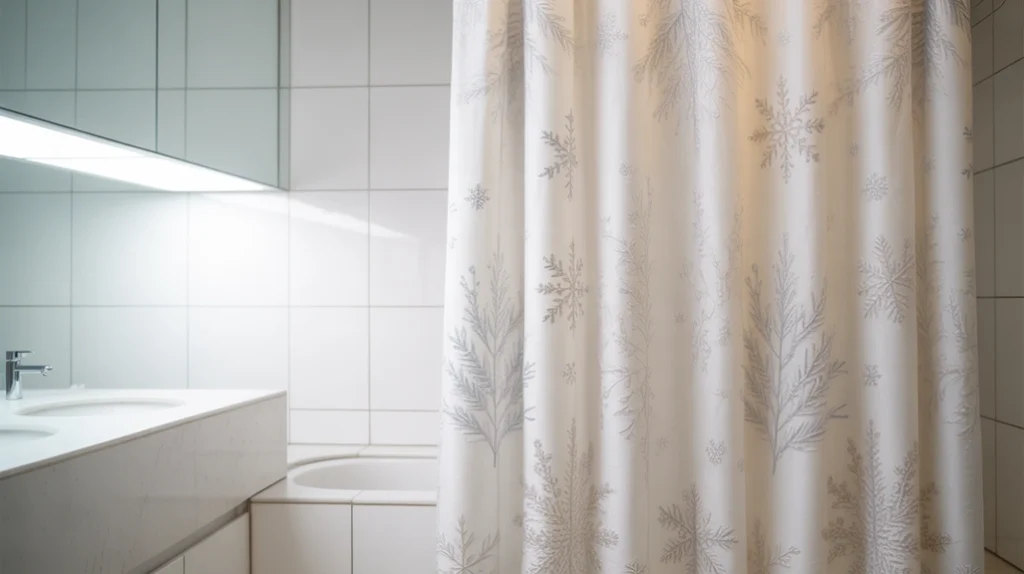 white shower curtain with subtle winter patterns in a clean bright bathroom