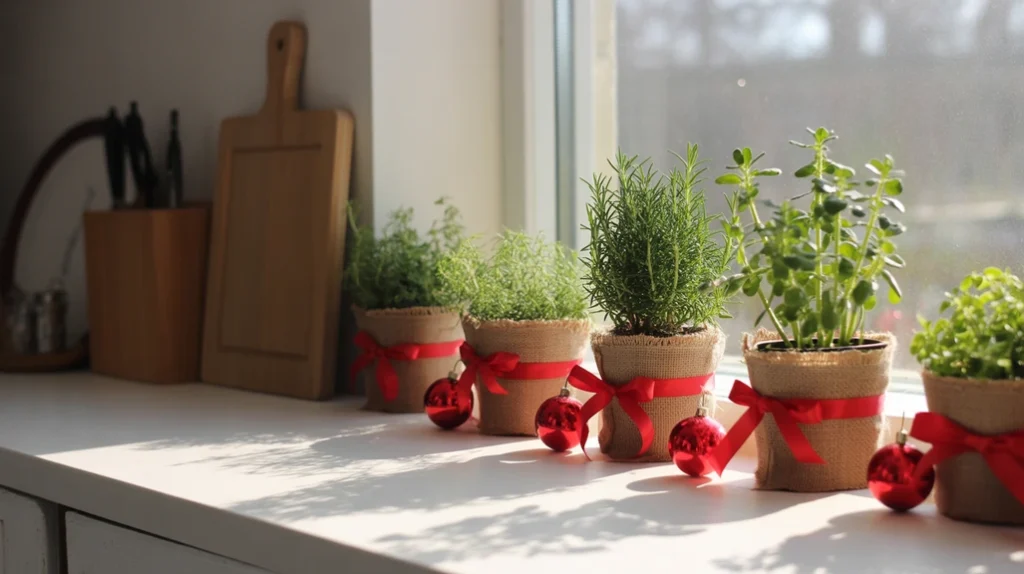 Kitchen window frame decorated with pine garland, red ribbons, and twinkling lights for festive Christmas window styling.