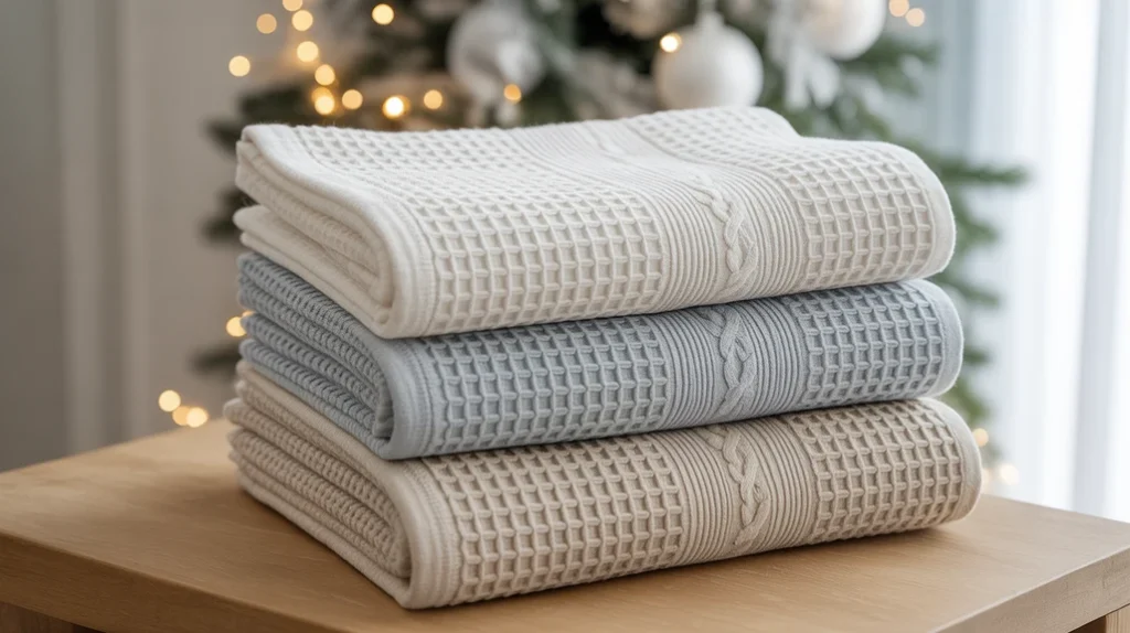 waffle and cable-knit textured towels styled with winter accents for a cozy bathroom