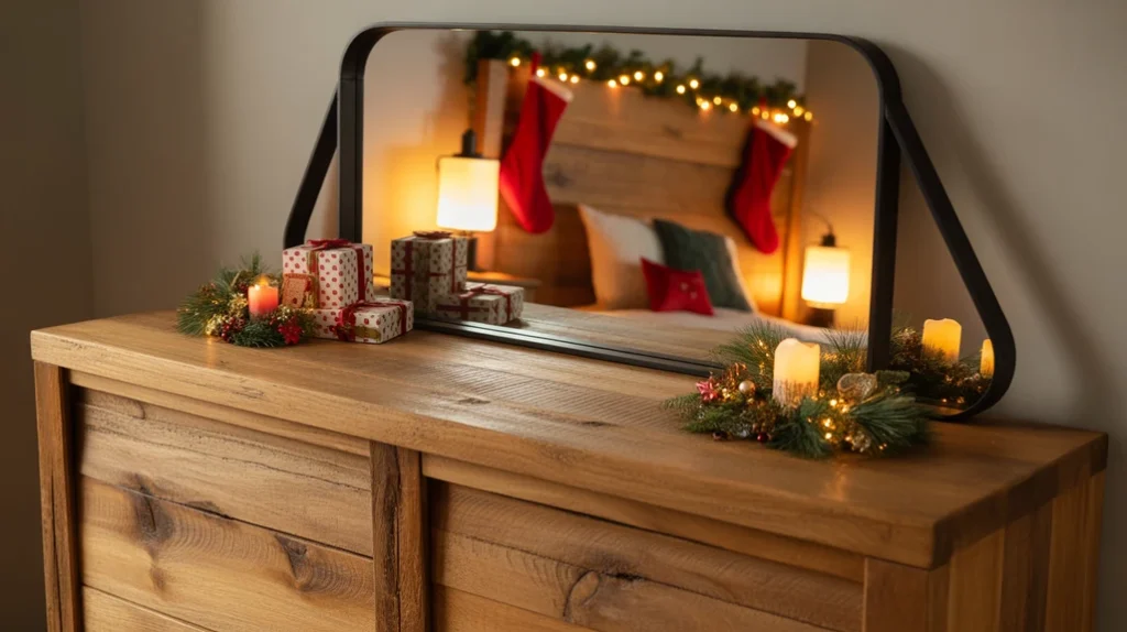 Wooden dresser with metal mirror combining natural and industrial style for Christmas bedroom design