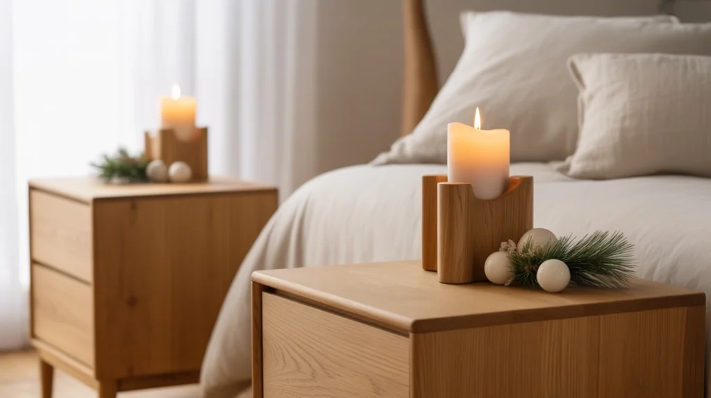Light wood accents and furniture adding natural warmth to minimalist Christmas bedroom decor