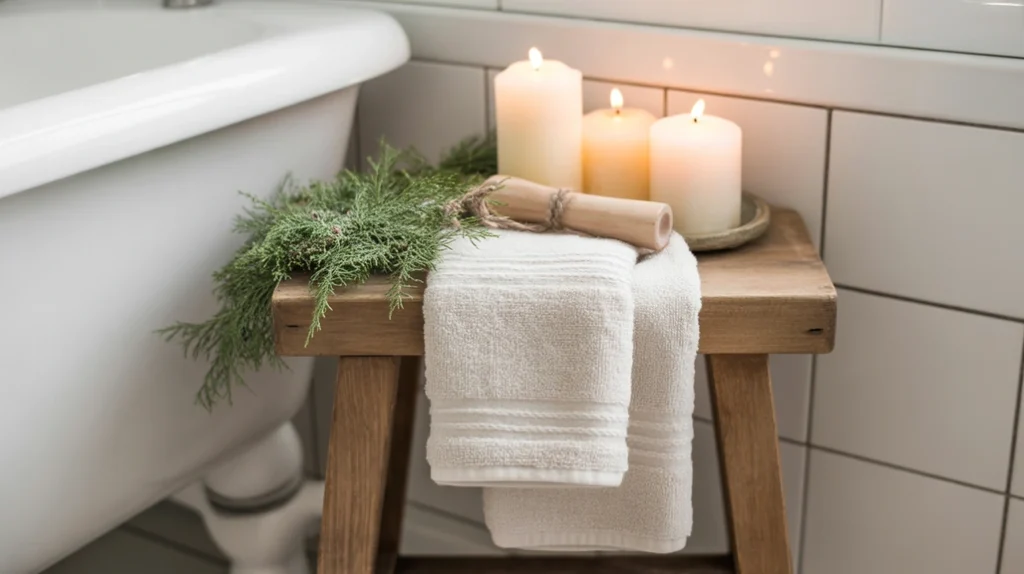 Wooden stool decorated with greenery and towels for a warm, natural Christmas bathroom style.