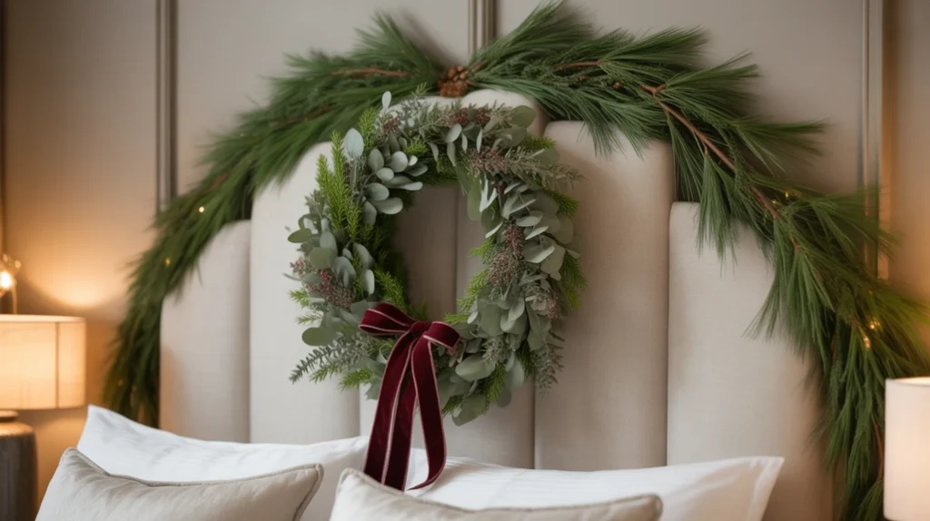 Christmas wreath above headboard with eucalyptus and ribbon for festive bedroom charm