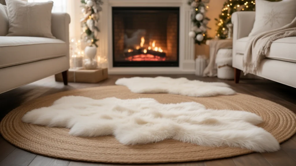 modern neutral living room with minimalist Christmas ornaments and wooden accents