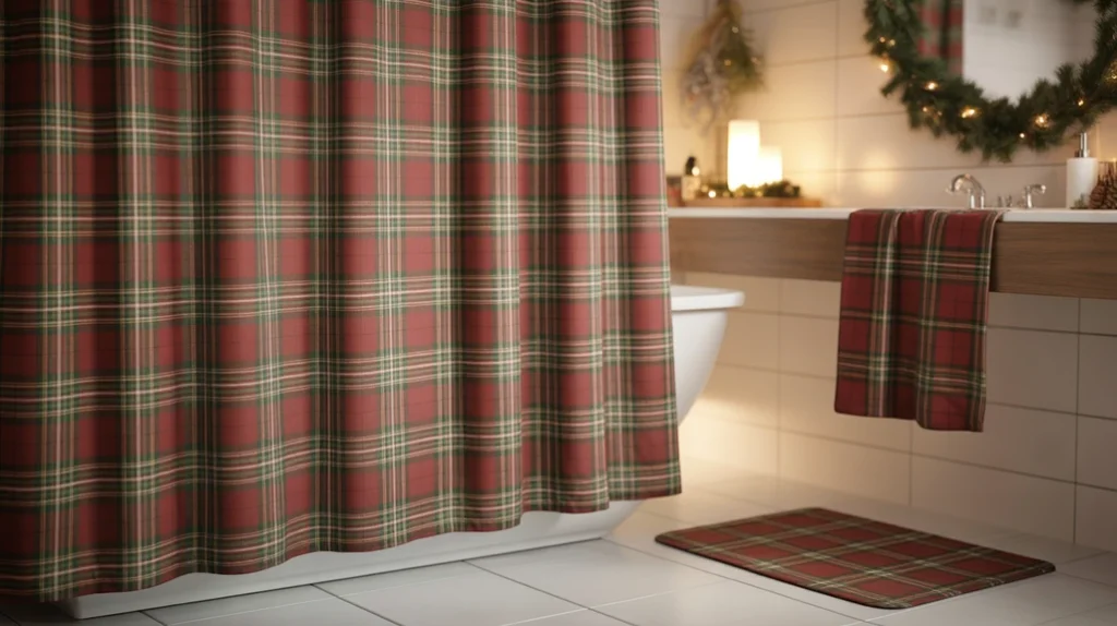 Classic plaid Christmas shower curtain adding traditional holiday style to the bathroom.
