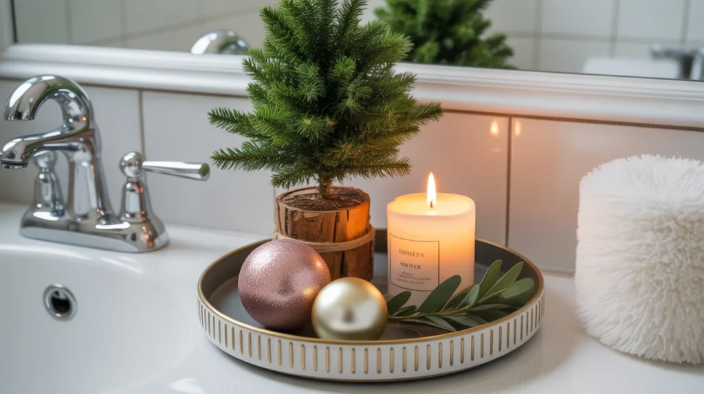 Decorative holiday tray with mini tree and candle styled on a bathroom countertop.