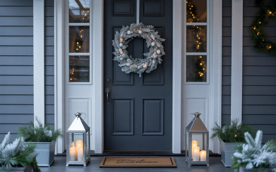 Snowy White Wreath with Silver Lanterns