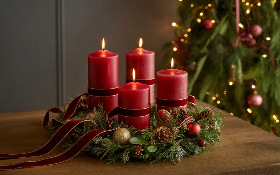 Velvet Ribbon and Candle Holiday Centerpiece