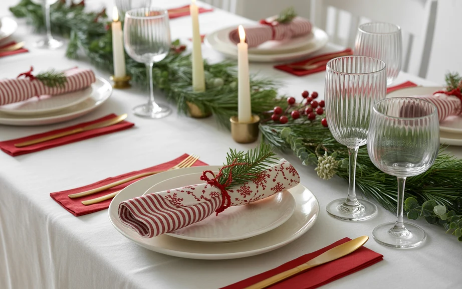 White Plates with Red Patterned Napkins