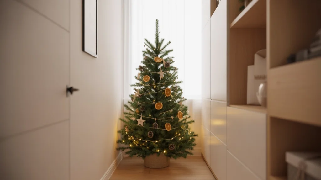 Slim pencil Christmas tree creating a festive hallway focal point