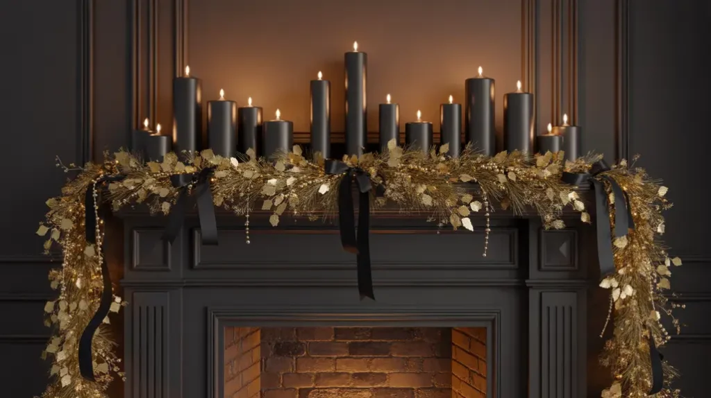 Black and gold Christmas mantel styling with matte black candles, gold garlands, and elegant holiday design
