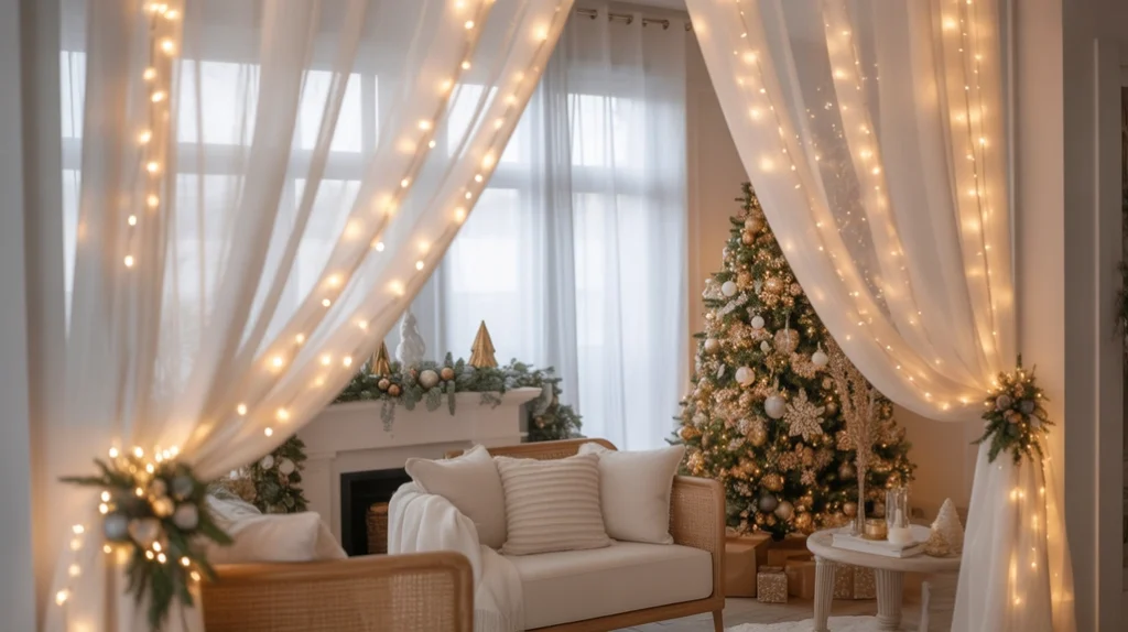 Sheer white curtains reflecting fairy lights for dreamy Christmas night aesthetic