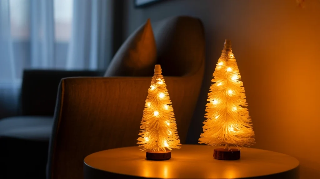 Mini LED Christmas trees glowing on side tables enhancing warm living room lighting