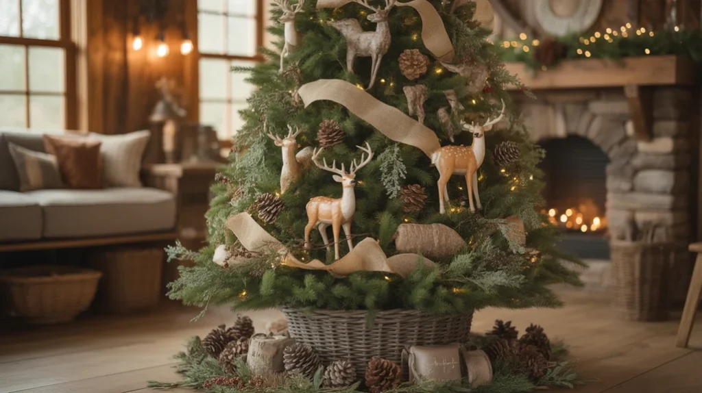 Neutral color palette farmhouse Christmas tree with beige and white decor