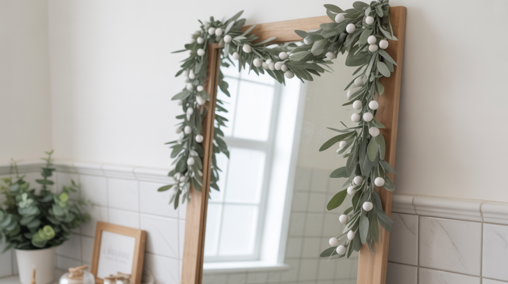wooden beaded garland draped over bathroom mirror for simple holiday decor