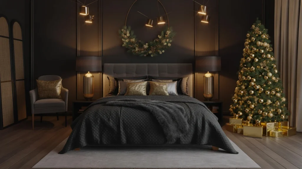 Black and gold Christmas bedroom with glamorous festive styling