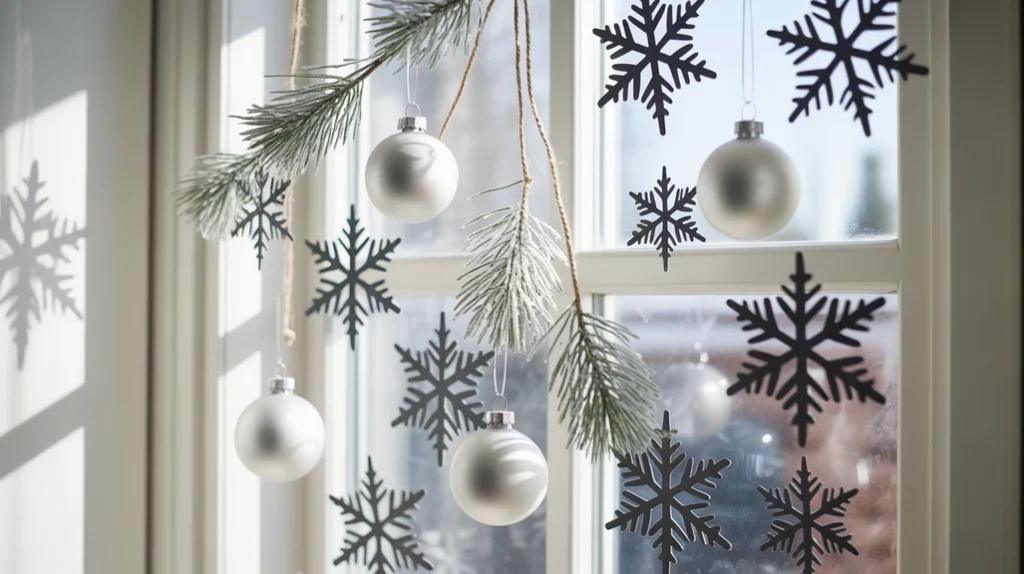 bathroom window styled with black ornaments, frosted greenery, and minimal holiday accents